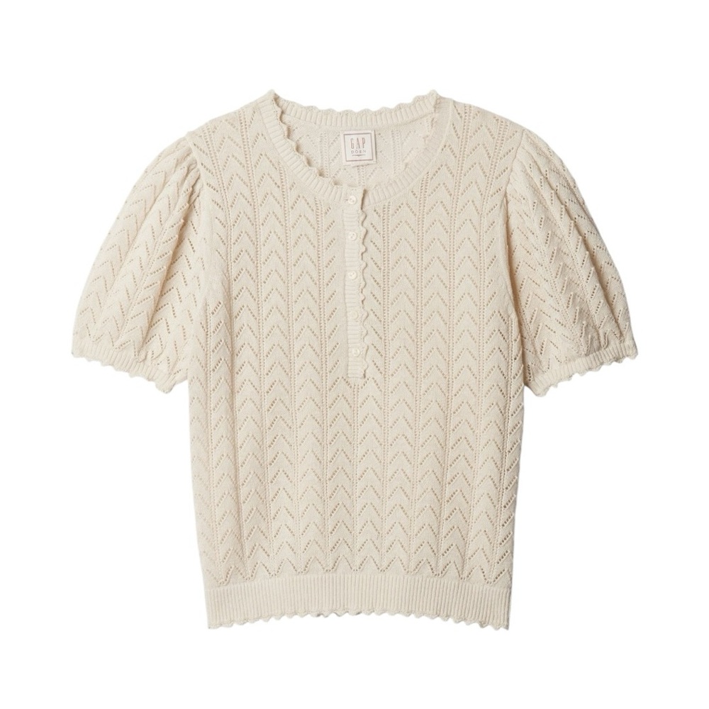 NWT Gap Cream DÔEN Linen-Blend Pointelle Short Sleeve Knit Top Size XL